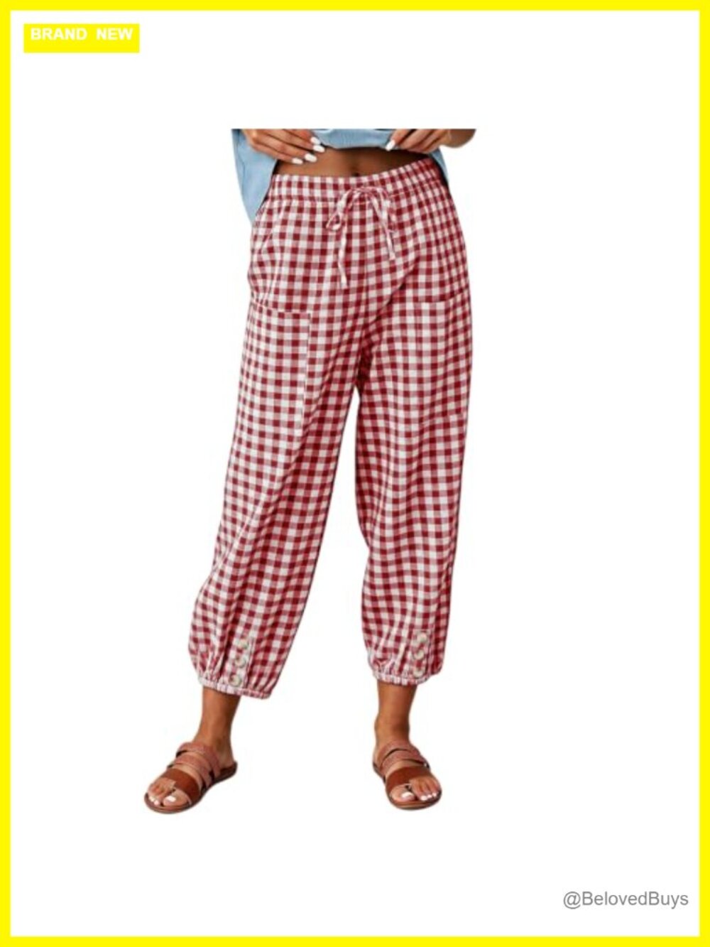 Womens 100% Cotton Plaid Capris Elastic Waist Pockets Casual Cropped Pants